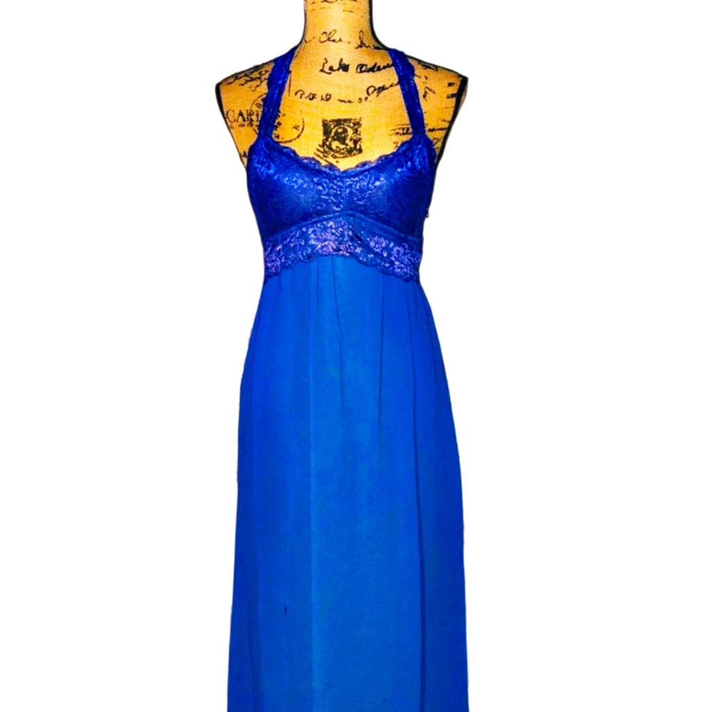 Royal Cobalt Blue Lace Chiffon Double Slit Maxi Dress - Picture 9 of 10